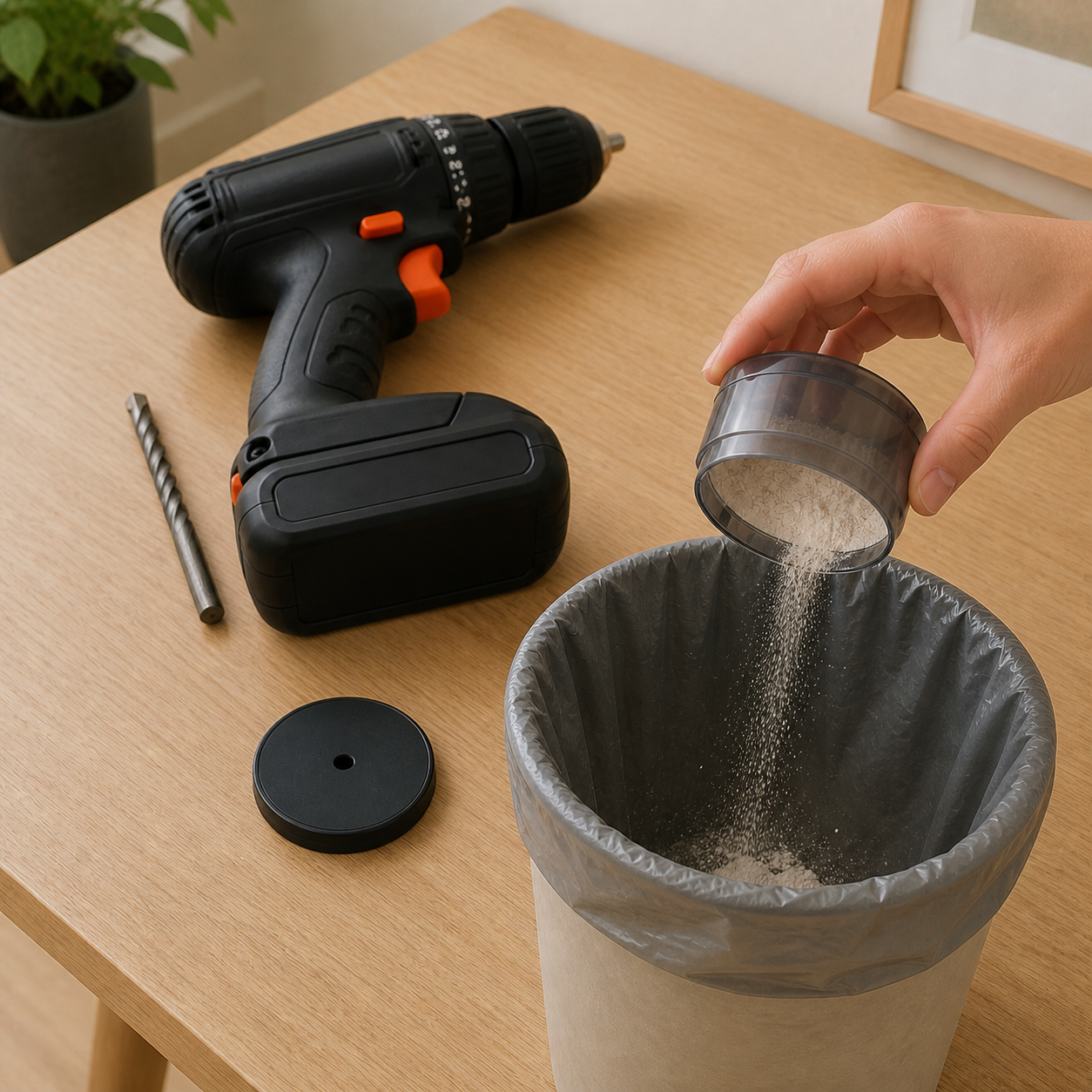 Collecteur vidé au-dessus d'une poubelle après utilisation
